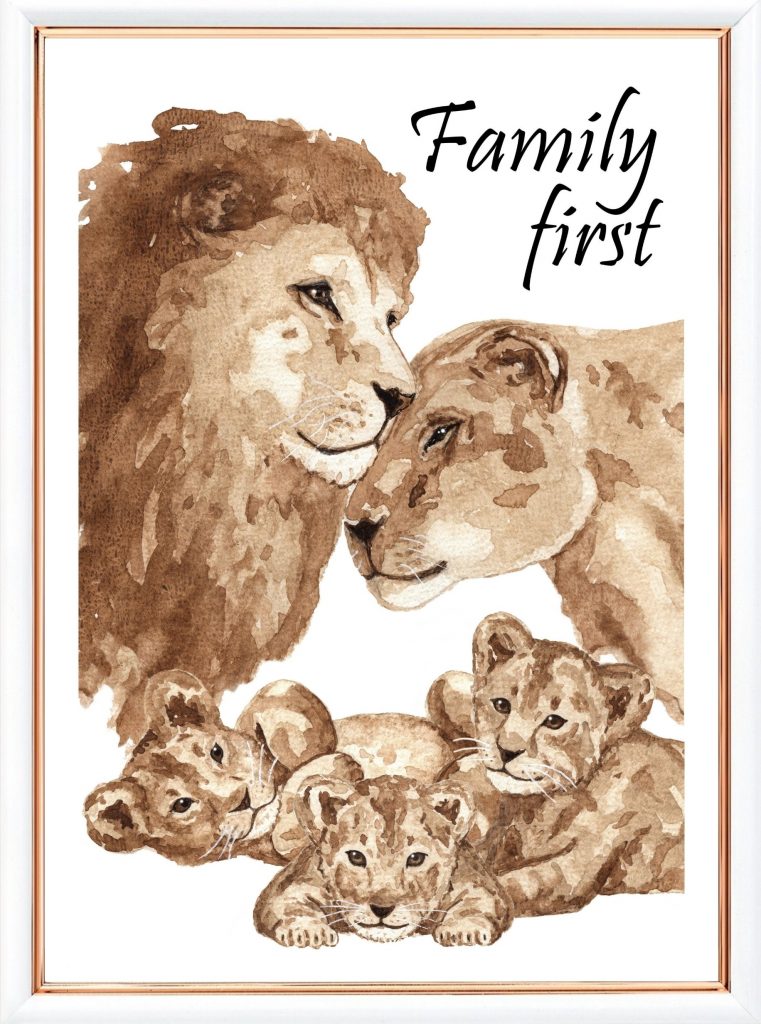 Løvepar løve med 3 unger plakat